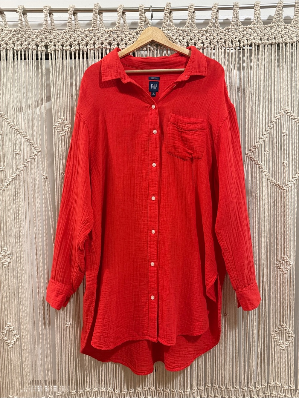 GAP Red Weekend Crinkle Gauze Long-Sleeve Casual Button-Down Tunic